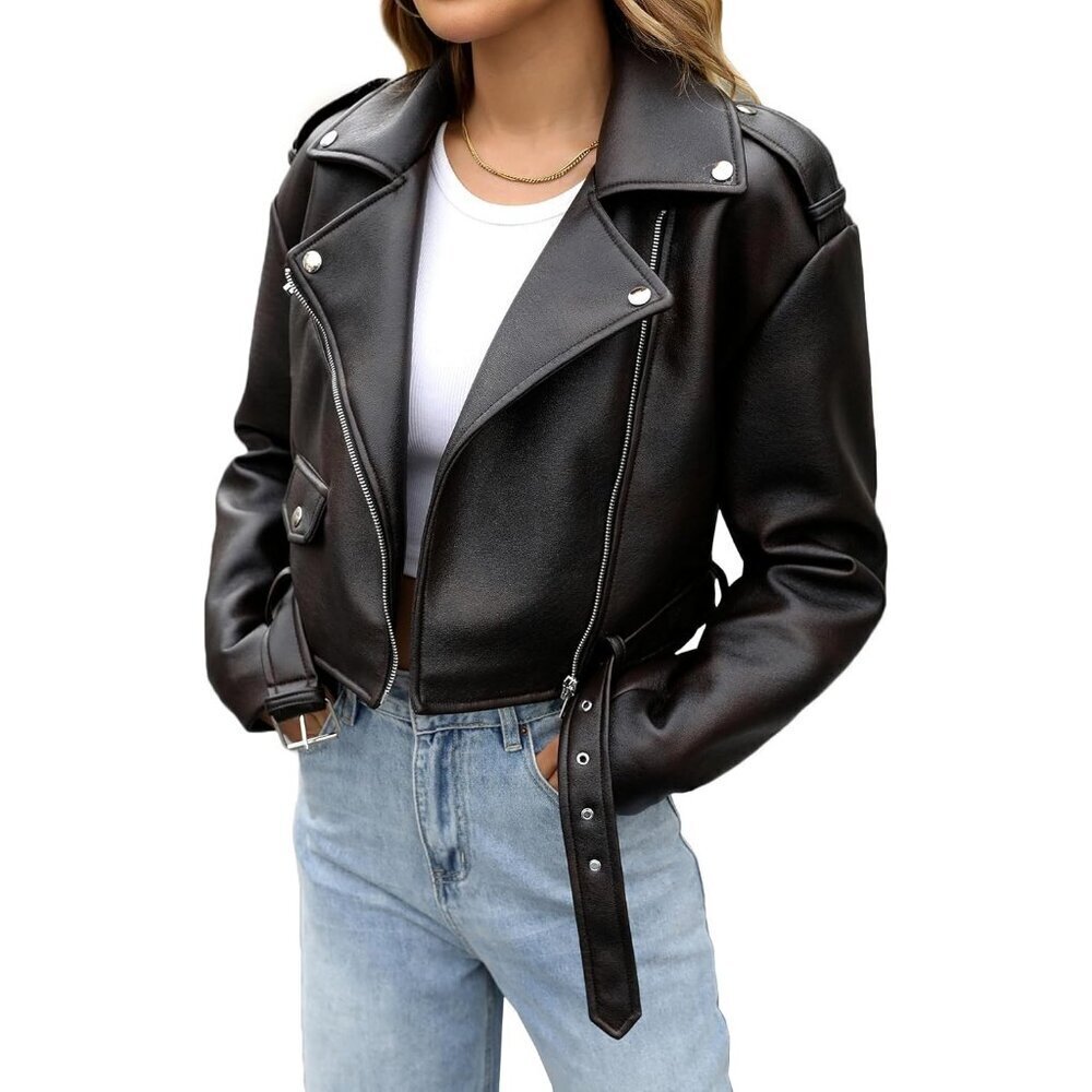 Women's Dark Brown Faux Leather Cropped Jacket Vegan Motor Biker Coat with Belt